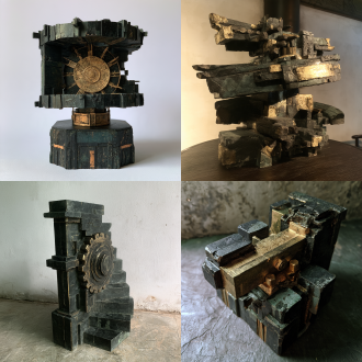 【旋转横扫金梁】，用途：受控旋转；目标外包围尺寸约4×0.4×0.4米；核心材料：玄石/乌铁/传动铜。原创古中国山腹地牢建筑语言，沉重的体量、带古代工造逻辑的榫接及磨耗边缘，玄黑与黯青为主，旧金只作克制点缀，材质层次清楚，恐怖压迫但结构可读。只建此单件，不生成房间或场景；网格封闭、厚度真实、接地点明确，避免浮空、交错穿模，分离活动件和固定件，预留合理轴心/挂点及碰撞体；低重复纹理，无文字水印、人物、现代设备与屋顶。