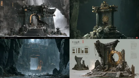 【裂缝古金支架】，用途：裂山金喉专属视觉锚点第3件；破口/可搬碎石；目标外包围尺寸约单件灰盒尺寸待测米；核心材料：玄石/古铜/腐朽旧木。原创古中国山腹地牢建筑语言，沉重的体量、带古代工造逻辑的榫接及磨耗边缘，玄黑与黯青为主，旧金只作克制点缀，材质层次清楚，恐怖压迫但结构可读。只建此单件，不生成房间或场景；网格封闭、厚度真实、接地点明确，避免浮空、交错穿模，分离活动件和固定件，预留合理轴心/挂点及碰撞体；低重复纹理，无文字水印、人物、现代设备与屋顶。