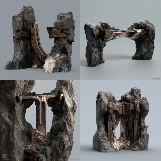 《众生食我》黑暗东方修仙3d模型「裂山喉嵌铜支撑」。承托两侧挤压岩壁的横向加劲架，构成低矮拱喉；加劲架中央呈倒梯形，左右两端粗大楔榫扎进裂山石壁，内侧一条细铜拉杆暴露拱结构的受力线路。材质：灰黑矿岩、褐铜绿锈、药釉瓷白。实体厚度与零件边界清楚。左前三分之四俯视，单件居中完整入镜，透明背景；无人物、布景、拼版、文字、水印。 【裂山喉嵌铜支撑】