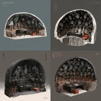 国风二次元工笔画美术设定图，单体游戏建筑，2.5d斜俯视45度半剖视角，纯深灰背景，无文字无水印。一座半嵌入山岩的半圆形中国古代墨家监听石阁，长10米宽7米，南侧敞开；北侧弧形玄石墙体上错落嵌有三十六口大小不一的「墨家蒙皮青铜地听共鸣瓮」与深入岩层的「十二律吕传音青竹铜管」，瓮口绷着半透明青色蛟皮并泛起微弱音波灵纹；室内中央摆设一张乌木监听书案、传统十三档算盘、毛笔砚台与一口朱漆包铜衣箱。纯正先秦墨家机关美学，严禁出现西洋留声机大喇叭与蒸汽朋克管道，国风二次元工笔画画风。 【听骨地听瓮阁·工笔】