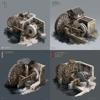 国风二次元工笔画美术设定图，单体游戏建筑，2.5d斜俯视45度视角，纯深灰背景，无文字无水印。一座建在地下排污黑水渠口的宋代界画风格「水转大纺车/水磨坊」，8×6米，一侧悬挑着一架直径4.5米的传统辐条式老榆木括水木轮大水车，水车浸泡在墨黑废水中，通过粗木主轴与木齿立轮带动岸上敞轩石棚内的一盘巨型青石水磨盘，磨盘凹槽内流淌着灰黑色药渣浆液。纯正中国古代《王祯农书》水磨木构形制，国风二次元工笔画手绘风格。 【化浊排药水车房·工笔】