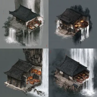 国风二次元工笔画美术设定图，单体游戏建筑，2.5d斜俯视45度半剖切面，纯深灰背景，无文字无水印。一座隐藏在瀑布水帘后的地下重型中国古典藏金石殿，16×12米，采用一尺厚的暗金黑色「息金玄铁方砖」与兽面铜钉垒砌，覆单檐庑殿黑铁瓦顶；正面是一道双扇椒图铺首衔环大门，门心嵌有「宫商角徵羽五音九宫同心青铜罗盘锁」；南墙半剖露出室内内库：整齐码放着八口敞开一半、露出满箱金元宝、秦半两式古铜钱、发光下品灵石与极品国风兵甲的「朱漆描金樟木包铜官式盛银箱」。彻底去除西洋银行圆形密码门与海盗弧顶宝箱，国风二次元工笔画重彩质感。 【息金暗库·玄铁重檐藏金殿·工笔】