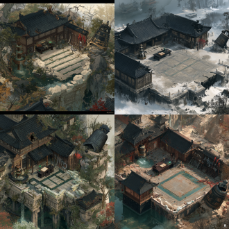 国风二次元工笔画3d战斗场景概念图（占地160米×90米）（编号：region01-场景04 断钟值守台），35度斜俯视纵深视角，近端南侧100%敞开，无人物无怪物无ui无文字水印。舞台中央36×24米核心演武区为绝对水平无遮挡的3d交战地面（玄武岩青灰条石铺砌，三条寒玉导流细槽划分上下双方3×3战位纵深对阵，无深坑凸起）；舞台外围（160米×90米环绕区与远景天幕）为图生3d校准后的主建筑立体奇观与深渊环境：一座中式地下戍卫哨卡值守更房，长8.5米宽5.5米，下半部为1.6米高的黑玄石条台基，上半部为四面透空的中国传统直棂木铁格栅窗，屋顶覆黑筒瓦且歇山挑檐折断一角；室内靠西墙立一座2.4米高的中国古代「铜壶滴漏（日壶、月壶、星壶三阶漏箭铜壶，壶嘴断裂滴水）」，正中摆一张乌木值守案（上置线装轮值册、青油豆灯与玄铁腰牌），东墙立一排插着汉环首长刀、红缨铁枪与缺口宣花短斧的木制武备架；界画精密结构，国风二次元工笔画画风；一座22×18米的方形地下青石须弥座演武高台，四周边缘带残破的汉白玉云纹望柱矮栏；高台中央偏东北处，一口高2.1米、蒲牢兽钮、铸满先秦夔龙雷纹的厚重黑铜警世巨钟斜砸在石板上，旁边是折断的彩绘雕木钟虡（钟架），巨钟将青石地面砸出直径1.5米的放射状蛛网裂坑与翘起石块；国风二次元工笔画手绘光影，体积感与戏剧张力极强。远端与侧翼以先秦汉阙式黑铜石门阙为界（连通：场景03,场景05）。全图色彩：70%玄黑深青基体、20%寒玉冷光、10%旧鎏金机关点缀；工笔十八描与宋代界画勾勒，三矾九染矿物颜料层叠设色，严禁45度等轴测矮墙截断、严禁西式哥特与蒸汽朋克元素。 【断钟值守台】 [超长待压缩986]