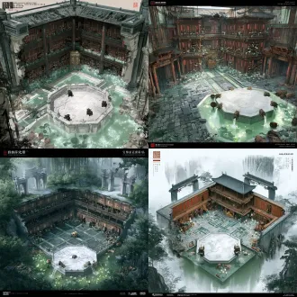 国风二次元工笔画3d战斗场景概念图（占地160米×90米）（编号：region01-场景09 碎玉药藏），35度斜俯视纵深视角，近端南侧100%敞开，无人物无怪物无ui无文字水印。舞台中央36×24米核心演武区为绝对水平无遮挡的3d交战地面（玄武岩青灰条石铺砌，三条寒玉导流细槽划分上下双方3×3战位纵深对阵，无深坑凸起）；舞台外围（160米×90米环绕区与远景天幕）为图生3d校准后的主建筑立体奇观与深渊环境：一座宏伟的地下三层宋代院体画风格皇家药库木阁（碎玉药藏），面阔28米进深16米高11米，前墙切开；内部三层雕花木回廊环绕，东、西、北三面墙壁全是高达10米的紫檀木「千格百子药柜」（贴有朱砂药名签），数百个药斗被震开，一层青石地面上散落着无数摔碎的羊脂白玉药瓶、青花与翠绿瓷瓶及发光丹丸，正中设一座鎏金雕龙「甲字温养丹柜」；界画与院体画精细陈设，国风二次元工笔画画风；一口12×10米的八角形汉白玉雕花药池，池壁浅浮雕瑞鹤与灵芝纹，四角立有吐水青铜三足金蟾；池内盛满碧绿半透明的废丹药液，水面漂浮着发光的青凝荷叶与凝伤灵草，池边青石台阶散落着竹编采药背篓与玉药铲；没骨画温润色彩结合院体画雕工，国风二次元工笔画风格。远端与侧翼以先秦汉阙式黑铜石门阙为界（连通：场景08,场景10）。全图色彩：70%玄黑深青基体、20%寒玉冷光、10%旧鎏金机关点缀；工笔十八描与宋代界画勾勒，三矾九染矿物颜料层叠设色，严禁45度等轴测矮墙截断、严禁西式哥特与蒸汽朋克元素。 【碎玉药藏】 [超长待压缩927]