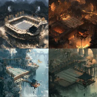 国风二次元工笔画3d战斗场景概念图（占地160米×90米）（编号：region01-支线01 金雀哨廊），35度斜俯视纵深视角，近端南侧100%敞开，无人物无怪物无ui无文字水印。舞台中央36×24米核心演武区为绝对水平无遮挡的3d交战地面（玄武岩青灰条石铺砌，三条寒玉导流细槽划分上下双方3×3战位纵深对阵，无深坑凸起）；舞台外围（160米×90米环绕区与远景天幕）为图生3d校准后的主建筑立体奇观与深渊环境：一条长35米、宽5米的地下架空穿斗式木石游廊，南侧无墙采用美人靠矮栏杆；游廊梁顶纵贯一条绷紧的乌金铁弦索道，廊柱两侧悬挂着三十只精巧的八角竹编铜骨鸟笼，东端石质放飞台上停着一只依据《墨子·鲁问》形制打造、腹嵌引灵机簧、双翼由百片薄铜羽叠合的「鎏金机巧传书铜鸢」；一座用四根粗玄铁链与鲁班斜撑木牛腿悬挂在地下深渊岩壁边缘的方形重檐吊脚谯楼，7×7米，高6米；底层铺厚榆木板，架设一具中国古天文「璇玑玉衡浑天望气铜窥管」（外环刻二十八宿刻度），旁设木榻与一口包铜朱漆军饷箱，四角飞檐挂着防风兽首纱灯；严禁出现西洋黄铜单筒航海望远镜，国风二次元工笔画风格。远端与侧翼以先秦汉阙式黑铜石门阙为界（连通：场景05）。全图色彩：70%玄黑深青基体、20%寒玉冷光、10%旧鎏金机关点缀；工笔十八描与宋代界画勾勒，三矾九染矿物颜料层叠设色，严禁45度等轴测矮墙截断、严禁西式哥特与蒸汽朋克元素。 【金雀哨廊】 [超长待压缩890]