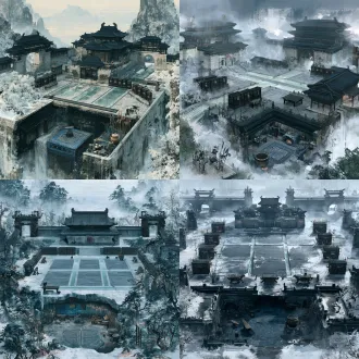 国风二次元工笔画3d战斗场景概念图（占地160米×90米）（编号：region01-支线02 百钥值守室），35度斜俯视纵深视角，近端南侧100%敞开，无人物无怪物无ui无文字水印。舞台中央36×24米核心演武区为绝对水平无遮挡的3d交战地面（玄武岩青灰条石铺砌，三条寒玉导流细槽划分上下双方3×3战位纵深对阵，无深坑凸起）；舞台外围（160米×90米环绕区与远景天幕）为图生3d校准后的主建筑立体奇观与深渊环境：一座管理地牢门禁鱼符与铜匙的封闭石殿，14×10米，南墙作1.3米半高切开；东、西、北三面石墙前整齐排列着十二座高达4米的乌木玄铁百格架阁柜，每个方格下都挂着中国古代「鱼形青铜符锁钥匙」与篆书竹木牙牌；中央设一张长条铁力木交接公案与三足兽耳炭火铜盆；界画风格，国风二次元工笔画手绘质感；一座8×6米的地下中式小型锻铁修理坊，南面与西面完全敞开；铺内设一座熄火的青砖八卦风箱炭炉、一方覆斗形生铁砧、一架带木水槽的青石砺石磨刀台，墙角立着三只插满汉剑、环首刀、红缨枪、方天戟、宣花斧、八棱铜锤、牛角雕弓、蟠龙木杖八类国风基础兵器的粗陶大瓮；烟熏青石与工笔三矾九染金属质感。远端与侧翼以先秦汉阙式黑铜石门阙为界（连通：场景05）。全图色彩：70%玄黑深青基体、20%寒玉冷光、10%旧鎏金机关点缀；工笔十八描与宋代界画勾勒，三矾九染矿物颜料层叠设色，严禁45度等轴测矮墙截断、严禁西式哥特与蒸汽朋克元素。 【百钥值守室】 [超长待压缩901]