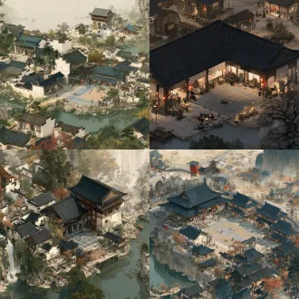 国风二次元工笔画160米×90米独立3d战斗场景背景与单卡事件概念设计图（编号：region03-支线02 浆洗坊西耳棚·双生炭痕室），固定45°斜俯视摄像机视角（原始16:9完整横屏战场构图，支持9:16竖屏围绕中央交战区动态裁切取景，适配2d八方向序列帧人物与3d战场组合），近端南侧100%敞开无高于1.2m的前景高墙或粗柱遮挡，无人物无怪物无动物无ui无文字水印。战场地面逻辑占地统一为160米×90米：舞台中央（36米×24米核心演武交战区）为完整、连续、绝对水平、平整无遮挡并经过ue碰撞校准的3d交战地面层，由磨得发白却平整严密的旧青砖与老松木拼接地面构成，中央演武区域100%水平无障碍，通过齐地的石槽与地脉细纹自然划分为舞台上方（远端北侧敌方3×3战位，面向下方）与舞台下方（近端南侧我方3×3战位，面向上方）的纵深回合对阵格局（严禁在中央交战区内出现台阶断层、深坑或阻挡三段行动冲刺的障碍物）；舞台左右与远端设置清晰的中国传统村镇牌坊、古桥、渡口或山道转场边界（连通：`支线01 阿荞旧租浆洗坊`↔`支线02 浆洗坊西耳棚`）。全图采用中国传统工笔十八描铁线银钩与宋代工笔界画尺规引线精细勾勒（g03工笔淡彩院体 + g01工笔铁线白描 + g05工笔界画机巧），配合三矾九染天然矿物颜料（松烟浓墨、石青、石绿、天水碧、赭石、藤黄、朱砂、月白、泥金）层叠设色，底层隐现古法熟宣与宋锦双宫绢本经纬暗纹，真实还原下三垂边缘寒江古镇与人炉产业链的苍凉肌理，严禁西式哥特、蒸汽朋克、日式建筑与油画厚涂。 【浆洗坊西耳棚·双生炭痕室】