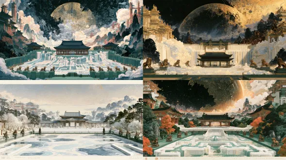 国风二次元工笔画16:9横版2d分层战斗场景背景概念图；左右对阵2d动态立绘演出；近端100%敞开，无人物怪物ui文字水印；舞台中央36×24米交战区绝对水平无遮挡（无深坑凸起）；画面上半部（50%至100%高度）为中景唐宋界画仙门建筑群与远景崩坏天穹视差层：远景天幕（无太阳无月亮的无恒星幽暗苍穹）横跨着如金色琉璃穹顶般寸寸碎裂剥落的「护宗大阵金幕」与远峰高阶大战灵辉（大规模青铜/暗琉璃洗脉导渠、分流盘、药雾节点）；中景后方（50%至92%高度）呈现：一座仿兰亭「曲水流觞」形制建造、却用于替炉体洗髓伐脉的32×28米汉白玉九曲导灵石庭；整块白玉地面上凿出纵横交错的九十九道回纹药水细渠，渠中流淌着乳白色与淡青色交融的洗脉灵液，庭院四周环绕着青石回廊与十二尊吐水青铜瑞兽像；国风工笔淡彩配国风二次元工笔画光影；一座跨建在洗脉庭总水源口上的14×10米重檐歇山顶木构水榭，南侧敞开；工笔十八描与宋代界画勾勒，三矾九染矿物颜料设色，严禁西式哥特蒸汽朋克与油画厚涂。画面比例固定16:9