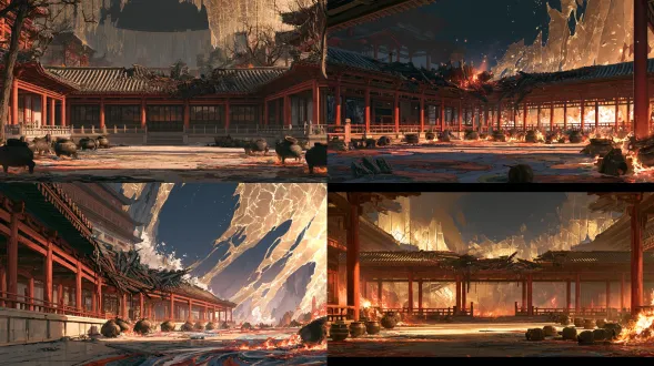 国风二次元工笔画16:9横版2d分层战斗场景背景概念图；左右对阵2d动态立绘演出；近端100%敞开，无人物怪物ui文字水印；舞台中央36×24米交战区绝对水平无遮挡（无深坑凸起）；中景后方（50%至92%高度）呈现：一条长40米、宽10米的外院炼丹连廊（断炉药廊），两侧为朱漆木柱与矮石栏，中段廊顶已被失控炸裂的丹炉掀翻，焦黑的木梁与碎瓦散落一地；画面上半部（50%至100%高度）为中景唐宋界画仙门建筑群与远景崩坏天穹视差层：远景天幕（无太阳无月亮的无恒星幽暗苍穹）横跨着如金色琉璃穹顶般寸寸碎裂剥落的「护宗大阵金幕」与远峰高阶大战灵辉（巨大破裂药炉、药柜墙、药炉座；暖红余火）；长廊两侧原本排列的十二座一阶青铜丹炉大半倾倒，地面流淌着五彩斑斓的残余丹液与未熄的丹火；战损国风界画，国风二次元工笔画画风；国风二次元工笔画光影表现；国风二次元工笔画华丽光影；工笔十八描与宋代界画勾勒，三矾九染矿物颜料设色，严禁西式哥特蒸汽朋克与油画厚涂。画面比例固定16:9