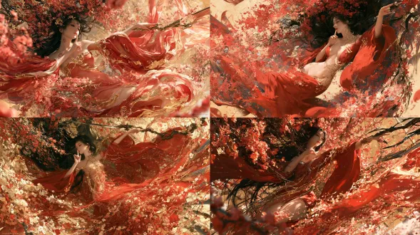 杰作，最高画质，国风二次元工笔画2d动态立绘，9:16全身大招技能觉醒形态，人物凌空悬浮面向右侧敌阵释放「不言桃葬·万花缄默剑域」。可操作角色c01桃枝（原名：息妫），超丰满傲人沙漏娇躯在漫天桃花风暴中舒展悬停，神情凄绝如桃花神女。乌黑长发完全散开，发间枯桃枝瞬间盛开满树璀璨的朱砂泥金痕印桃花；脖颈与锁骨的「息」字禁言古印化作赤金锁链崩裂飞舞。半透明胭脂素纱裙在灵压下化作飞舞花雨，她左手轻触唇畔作「禁言」手势，右手高举青铜桃枝古剑指向右侧，背后一株遮天蔽日的焦墨古桃树幻影轰然盛放，亿万片泥金描边胭脂桃花化作封绝一切法音的剑刃狂潮席卷右侧敌阵。十八描沥粉贴金重彩极致渲染，洒金宣纸底纹，无文字。画面比例固定16:9横版