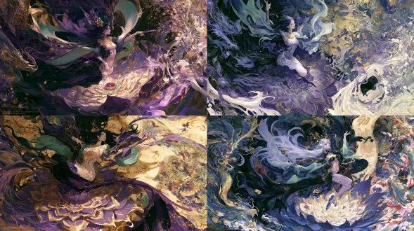杰作，最高画质，国风二次元工笔画2d动态立绘，9:16全身大招技能觉醒形态，人物凌空悬浮面向右侧敌阵释放「百草枯荣·蜜语万鸩赐死宴」。可操作角色c04鸩羽（原名：骊姬），超丰满傲人沙漏娇躯悬浮于盛开的巨型紫金曼陀罗毒莲之上，面带悲悯含泪的绝美微笑，白皙肌肤下浮现发光的翡翠与赤金百草经脉纹，锁骨烙印「百草试鸩」金徽。半透明石绿暗紫素纱在灵压下化作绚丽的孔雀鸩羽光翼，她双手高举百草紫玉神杖指向右侧，背后展开一卷横贯天地的《泥金本草百毒图谱》，无数双钩描金的毒龙、紫金鸩鸟、断肠花雨与翡翠毒雾如潮水般倾泻向右侧敌阵。十八描沥粉贴金重彩极致渲染，石绿、花青、紫金与泥金交相辉映，古法宣纸底纹，无文字。画面比例固定16:9横版