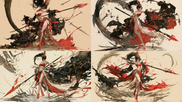 杰作，最高画质，国风二次元工笔画2d动态立绘，9:16全身像，人物居左朝向右侧（3/4侧面战斗待机构图）。可操作炉鼎角色c05断鸿（原名/原型：虞姬，剑庐试剑靶），英气炽烈又凄美决绝的绝美少女，超丰满傲人胸部、纤细腰肢与修长双腿的沙漏身材。乌黑高马尾长发束以赤金战冠与长条朱红发带，眼眸如烈火般清亮傲岸，白皙锁骨与肩头绘有泥金修补的试剑裂痕（金缮纹）。身穿半透明朱红与月白交织的高开叉战舞抹胸短衣，外披半截残破的玄墨描金霸王战袍，右手斜握一杆燃烧赤火红缨的乌金破阵长枪，纤巧赤足踏在插满断剑的墨玉水波上。背后悬浮折断的古剑光轮与乌江残月。工笔画铁线描与折芦描勾勒，朱砂、浓墨、月白、赤金三矾九染，洒金宣纸底纹，无文字。画面比例固定16:9横版