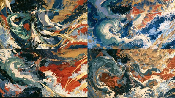 杰作，最高画质，国风二次元工笔画2d动态立绘，9:16全身大招技能觉醒形态，人物凭虚立于滔天寒江之巅面向右侧敌阵释放「西子捧心·万里寒江尽沉纱」。可操作角色c08沉纱（原名：西施），超丰满傲人沙漏娇躯在漫天水幕与星河中微仰，左手轻按心口绽放出照亮九幽的冰蓝与赤金双色神辉，锁骨与胸前浮现完整的「沉江水养」赤金炉印。半透明天水碧素纱与环绕周身的万丈越溪白纱化作遮天蔽日的银河水龙卷，脚下沉江铁索寸寸崩断。她右手高举寒水神剑指向右侧，背后展开一幅气吞山河的宋代工笔泥金《千里寒江怒潮图》，万顷花青重彩巨浪、无数冰晶白莲与泥金剑气化作倾覆人间的寒江冥潮席卷右侧敌阵。十八描沥粉贴金重彩极致渲染，洒金宣纸底纹，无文字。画面比例固定16:9横版