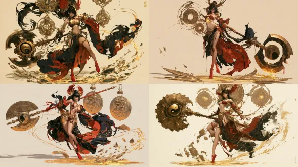 杰作，最高画质，国风二次元工笔画2d动态立绘，9:16全身像，人物居左朝向右侧（3/4侧面战斗待机构图）。可操作炉鼎角色c09照骨（原名/原型：郑旦，镶镜验骨炉），明艳威严如女武神般的绝美少女，超丰满傲人胸部、纤细腰肢与修长双腿的沙漏身材。乌黑长发高束于赤金凤翅冠中，双眸如古铜宝镜般流转纯金神光，平坦紧致的小腹中央镶嵌着一枚神秘发光的泥金八棱照骨古镜炉印。身穿半透明玄墨、朱砂与赤金交织的高开叉抹胸战裙，完美勾勒饱满胸线与修长美腿；右手单手握持一柄中心嵌有阴阳铜镜的巨型八棱青铜开山大钺（大斧），纤巧赤足踏在悬浮的破碎青铜古镜与金色水波上。背后悬浮三面海兽葡萄纹泥金铜镜光轮。工笔画铁线描勾勒，朱砂、浓墨、赤金、石青三矾九染，宣纸底纹，无文字。画面比例固定16:9横版