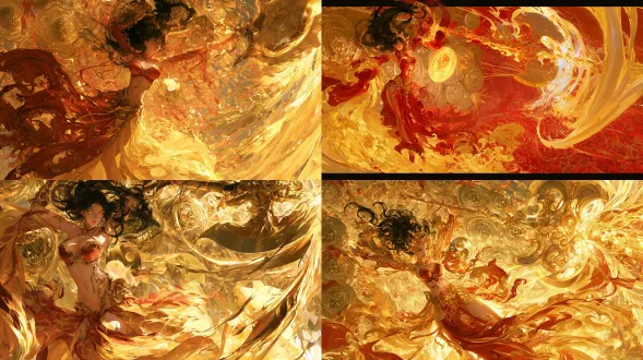 杰作，最高画质，国风二次元工笔画2d动态立绘，9:16全身大招技能觉醒形态，人物凌空立于万镜之巅面向右侧敌阵释放「阴阳宝镜·万镜破妄照骨神钺」。可操作角色c09照骨（原名：郑旦），超丰满傲人沙漏娇躯沐浴在煌煌如大日的赤金镜光中，神威凛然不可直视。乌黑长发无风狂舞，纯金双眸与小腹、锁骨处的「照骨宝镜」赤金炉印完全共鸣，化作一轮悬浮身前的璀璨阴阳神镜。半透明玄墨朱砂抹胸战衣化作流淌的金焰战裙，她双手高举体积暴涨、吞吐万丈金芒的八棱青铜神钺朝向右侧轰然劈下，背后展开由上百面汉唐海兽葡萄纹泥金古铜镜组成的遮天阵图，万道赤金极光与开天辟地的巨型金斧虚影一同斩向右侧敌阵。十八描沥粉贴金重彩极致渲染，洒金宣纸底纹，无文字。画面比例固定16:9横版