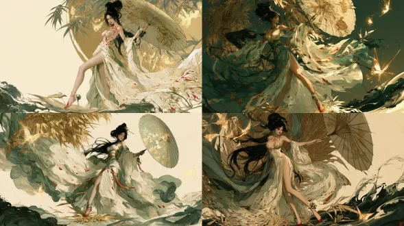 杰作，最高画质，国风二次元工笔画2d动态立绘，9:16全身像，人物居左朝向右侧（3/4侧面战斗待机构图）。可操作炉鼎角色c10湘竹（原名/原型：女英，泣红饲蛊皿），哀婉幽怨又神圣妖异的绝美巫女少女，超丰满傲人胸部、纤细腰肢与修长双腿的沙漏身材。乌黑长发绾成古楚巫女高髻并斜插泣红湘妃斑竹簪，眼角垂落晶莹朱砂痕印泪，锁骨与白皙肩头浮现精美的朱砂描金斑竹泪痕炉印。身穿半透明竹青色、月白与点点胭脂泪斑交织的高开叉素纱抹胸巫女长裙，完美勾勒饱满胸线；右手优雅斜撑一柄半透明绘有泥金百蝶百蛊图的湘妃斑竹油纸伞，纤巧赤足踏在漂浮翠竹叶与墨绿湘水波纹上，脚踝系苗银蛊铃。背后悬浮泥金竹叶光轮与发光金蚕蝶。工笔画游丝描勾勒，石绿、朱砂、月白、泥金三矾九染，宣纸底纹，无文字。画面比例固定16:9横版