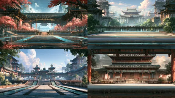国风二次元工笔画16:9 2d分层战斗场景背景与单卡事件概念设计图（世界观空间尺度参考160米×90米）（编号：region01-场景06 百药金轨喉），16:9标准比例2d分层视差战斗背景构图（参考《mementomori》2d动态立绘自动战斗模式，适配左侧我方2d动态立绘与右侧敌方2d动态立绘左右对阵演出；横屏展示完整16:9画面，竖屏完整保留16:9画面并在上下空白区放置卡牌与状态ui，世界观空间尺度参考160米×90米），近端南侧100%敞开无高墙遮挡，无人物无怪物无ui无文字水印。战场地面逻辑占地统一为160米×90米：舞台中央（36米×24米核心演武区）为完整、连续、绝对水平、平整无遮挡并叠加景深与视差光影的2d近景对阵台面层，由大面积连续低噪点的墨黑玄武岩与青灰条石错缝铺砌，三条水平贯通的冰青色寒玉导流细槽与暗铜嵌条将中央交战区自然划分为画面左侧我方 2d 动态立绘阵位与画面右侧敌方 2d 动态立绘阵位的 16:9 左右对阵格局（绝无深坑、断口或阻挡三段行动冲刺的凸起掩体）；舞台外围（160米×90米环绕区与远景天幕）为国风工笔界画精谨绘制的主建筑立体奇观与深渊环境：一座上下双层结构的中国古代修仙输药飞栈模块：下层是宽9米的青石与老榆木穿斗栈桥。十八描铁线游丝与宋代界画勾线，石青、石绿、朱砂、玄墨配沥粉贴金三矾九染，熟宣肌理，左右预留2d对阵站位，无人景无文字