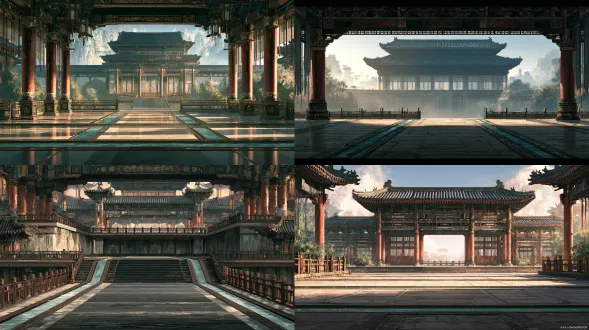 国风二次元工笔画16:9 2d分层战斗场景背景与单卡事件概念设计图（世界观空间尺度参考160米×90米）（编号：region01-场景07 衡香秤桥），16:9标准比例2d分层视差战斗背景构图（参考《mementomori》2d动态立绘自动战斗模式，适配左侧我方2d动态立绘与右侧敌方2d动态立绘左右对阵演出；横屏展示完整16:9画面，竖屏完整保留16:9画面并在上下空白区放置卡牌与状态ui，世界观空间尺度参考160米×90米），近端南侧100%敞开无高墙遮挡，无人物无怪物无ui无文字水印。战场地面逻辑占地统一为160米×90米：舞台中央（36米×24米核心演武区）为完整、连续、绝对水平、平整无遮挡并叠加景深与视差光影的2d近景对阵台面层，由大面积连续低噪点的墨黑玄武岩与青灰条石错缝铺砌，三条水平贯通的冰青色寒玉导流细槽与暗铜嵌条将中央交战区自然划分为画面左侧我方 2d 动态立绘阵位与画面右侧敌方 2d 动态立绘阵位的 16:9 左右对阵格局（绝无深坑、断口或阻挡三段行动冲刺的凸起掩体）。十八描铁线游丝与宋代界画勾线，石青、石绿、朱砂、玄墨配沥粉贴金三矾九染，熟宣肌理，左右预留2d对阵站位，无人景无文字