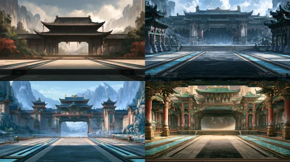 国风二次元工笔画16:9 2d分层战斗场景背景与单卡事件概念设计图（世界观空间尺度参考160米×90米）（编号：region01-场景11 镇水兽闸），16:9标准比例2d分层视差战斗背景构图（参考《mementomori》2d动态立绘自动战斗模式，适配左侧我方2d动态立绘与右侧敌方2d动态立绘左右对阵演出；横屏展示完整16:9画面，竖屏完整保留16:9画面并在上下空白区放置卡牌与状态ui，世界观空间尺度参考160米×90米），近端南侧100%敞开无高墙遮挡，无人物无怪物无ui无文字水印。战场地面逻辑占地统一为160米×90米：舞台中央（36米×24米核心演武区）为完整、连续、绝对水平、平整无遮挡并叠加景深与视差光影的2d近景对阵台面层，由大面积连续低噪点的墨黑玄武岩与青灰条石错缝铺砌，三条水平贯通的冰青色寒玉导流细槽与暗铜嵌条将中央交战区自然划分为画面左侧我方 2d 动态立绘阵位与画面右侧敌方 2d 动态立绘阵位的 16:9 左右对阵格局（绝无深坑、断口或阻挡三段行动冲刺的凸起掩体）；舞台外围（160米×90米环绕区与远景天幕）为国风工笔界画精谨绘制的主建筑立体奇观与深渊环境：一座横跨地下暗河出口的三层重檐歇山顶界画巨型水闸楼，宽26米高16米。十八描铁线游丝与宋代界画勾线，石青、石绿、朱砂、玄墨配沥粉贴金三矾九染，熟宣肌理，左右预留2d对阵站位，无人景无文字