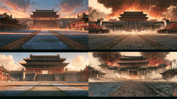国风二次元工笔画16:9 2d分层战斗场景背景与单卡事件概念设计图（世界观空间尺度参考160米×90米）（编号：region03-场景00 东门焚阶），16:9标准比例2d分层视差战斗背景构图（参考《mementomori》2d动态立绘自动战斗模式，适配左侧我方2d动态立绘与右侧敌方2d动态立绘左右对阵演出；横屏展示完整16:9画面，竖屏完整保留16:9画面并在上下空白区放置卡牌与状态ui，世界观空间尺度参考160米×90米），无前景遮挡物，无人物无怪物无动物无ui无文字水印。画面严格执行旧正典外山“下六上四”黄金分割法则：画面下方60%（0%至60%高度）为完整、连续、绝对水平、平整无遮挡的中央36米×24米核心演武交战地面层（左侧我方 2d 动态立绘居左、右侧敌方 2d 动态立绘居右），由苍灰青石板、湿润夯土、平缓鹅卵石滩与苍苔路面构成，通过三条自然的车辙与石板接缝自然划分为画面左侧我方 2d 动态立绘阵位与画面右侧敌方 2d 动态立绘阵位的 16:9 左右对阵格局（严禁在中央交战区内出现断崖缺口、高低台阶、树木躯干或乱石障碍）。十八描铁线游丝与宋代界画勾线，石青、石绿、朱砂、玄墨配沥粉贴金三矾九染，熟宣肌理，左右预留2d对阵站位，无人景无文字