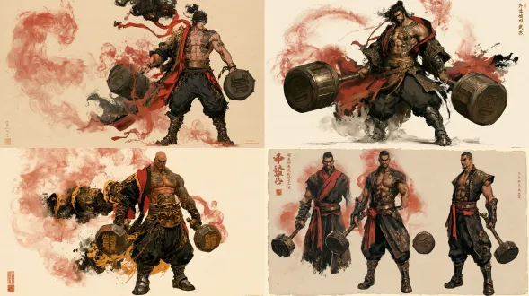 杰作，最高画质，国风二次元工笔画二维动态立绘，全身像，人物居右朝向左侧我方阵位（半侧面敌方待机构图）。炼气初期精英敌人-1-07外院执律武师，体魄雄健魁伟的体修武师，束赤红武弁发带，眼神威猛严厉。半敞玄黑描金无袖武袍，露出古铜色虬结胸腹肌肉与暗金炼体阵纹，腰束兽吞青铜宽带，下穿玄墨束口武裤与包铁战靴；左右双手各提一柄沉重的八棱生铁擂鼓重锤，锤面篆刻「执律」古字。周身蒸腾淡淡赤红痕印气。工笔画铁线描与兰叶描勾勒肌肉甲胄，赭石、朱砂、松烟墨、泥金三矾九染，宣纸底纹，无文字。【炼气初敌07·外院执律武师·平时形态】 画面比例固定16:9横版