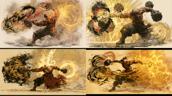 杰作，最高画质，国风二次元工笔画二维动态立绘，全身战斗攻击形态，人物由右向左沉步挥锤（朝向画面左侧我方阵位施展普攻「双锤砸山」，动画时长）。炼气初期精英敌人-1-07外院执律武师，古铜色肌肉贲张，全身痕印气沸腾，迈开铁靴向左侧猛跨，左右双臂轮番挥动八棱生铁双锤朝左侧轰出交错的乌金与朱砂重锤残影；双锤碰撞迸发出耀眼赤金雷火与环形破空音爆。工笔画铁线描力透纸背，松烟浓墨、朱砂、赭石与泥金重彩渲染，宣纸肌理，无文字。【炼气初敌07·外院执律武师·普攻形态】 画面比例固定16:9横版