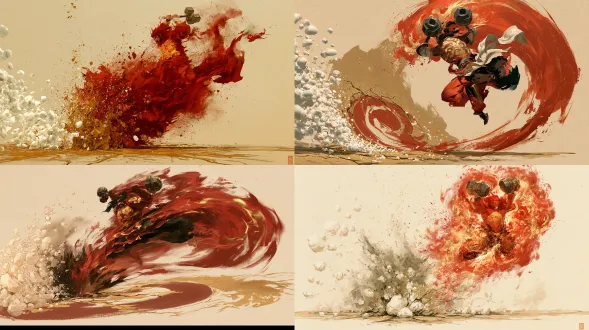 杰作，最高画质，国风二次元工笔画二维动态立绘，全身技能爆发形态，人物由右向左凌空跃起轰击（朝向左侧我方阵位施展技能一「撼岳碎步」与技能二「千钧贯顶」，单技能动画）。炼气初期精英敌人-1-07外院执律武师，全身笼罩在免控稳相的赤金痕印气烘炉之中，胸膛炼体金纹大亮；他高高跃起于半空，双手高举合拢的八棱生铁双锤朝左侧地面如泰山压顶般轰然砸落，锤下炸开巨大的朱砂痕印色与泥金地裂冲击波，无数汉白玉演武石砖飞溅向左侧。十八描沥粉贴金重彩极致渲染，宣纸底纹，无文字。【炼气初敌07·外院执律武师·技能形态】 画面比例固定16:9横版