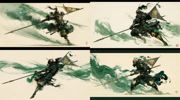 杰作，最高画质，国风二次元工笔画二维动态立绘，全身像，人物居右朝向左侧我方阵位（半侧面敌方待机构图）。炼气中期普通敌人-2-04外山追击轻骑步卒，身姿矫健精悍的衡烛山外山搜捕追兵，头戴青铜轻便尖胄。身穿鸦青与石绿交织的紧身轻软甲，背后斜插一面绣有金色烛龙纹的「外山搜捕令」三角战旗，小腿贴有泥金神行甲马符；双手持一杆修长锋利的青钢疾风长枪斜指左侧。周身环绕翠绿疾风气流。工笔画铁线描与游丝描勾勒，石青、石绿、松烟墨、泥金三矾九染，宣纸底纹，无文字。【炼气中敌04·外山追击轻骑步卒·平时形态】 画面比例固定16:9横版