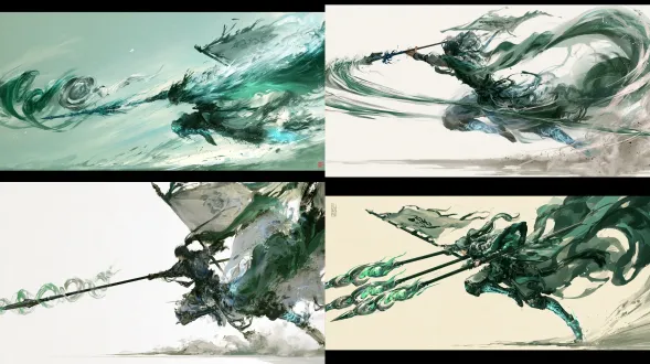 杰作，最高画质，国风二次元工笔画二维动态立绘，全身战斗攻击形态，人物由右向左如风突刺（朝向画面左侧我方阵位施展普攻「游龙三刺」，动画时长）。炼气中期敌人-2-04外山追击轻骑步卒，小腿神行符文亮起青光，身形如猎豹般向左侧高速冲刺，背后搜捕令旗猎猎作响；手中青钢疾风长枪朝左侧连续点刺出三道游龙般的石绿与银白螺旋枪芒。工笔画铁线描流畅凌厉，石绿、石青与银白寒光交织，宣纸肌理，无文字。【炼气中敌04·外山追击轻骑步卒·普攻形态】 画面比例固定16:9横版