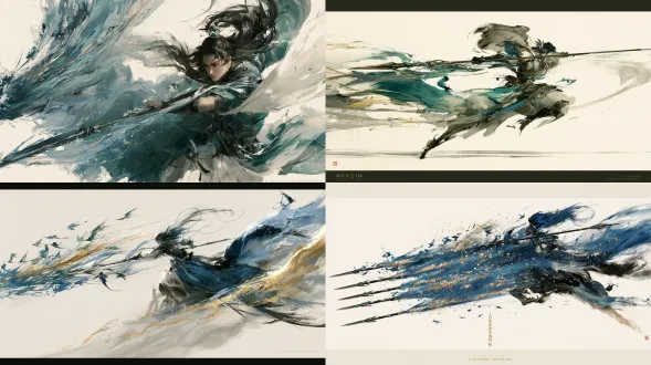 杰作，最高画质，国风二次元工笔画二维动态立绘，全身技能释放形态，人物由右向左化风攒刺（朝向左侧我方阵位施展技能一「追风突刺」与技能二「百鸟朝凰刺」，单技能动画）。炼气中期敌人-2-04外山追击轻骑步卒，借狂风之力腾空前掠，手中青钢疾风长枪在刹那间幻化出五道璀璨的石青、石绿与泥金飞鸟形枪影，宛如百鸟朝凰般拉出五条绚丽的破空金青长虹，密集攒刺向左侧全体目标。十八描游丝铁线配沥粉贴金重彩，宣纸底纹，无文字。【炼气中敌04·外山追击轻骑步卒·技能形态】 画面比例固定16:9横版