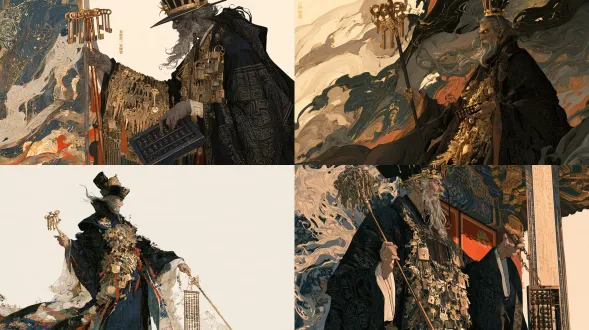 杰作，最高画质，国风二次元工笔画二维动态立绘，全身像，人物居右朝向左侧我方阵位（半侧面敌方待机构图）。炼气中期具名精英敌人-2-05百钥室掌钥老执事·严锁（杀害药童商陆的深牢掌钥仇敌），六十余岁阴鸷刻薄的干瘦老者，留山羊灰须，戴黑纱乌金高冠，眼神阴毒如蝮蛇。身穿玄黑织金狴犴纹典狱长袍，腰间与胸前挂满上百枚叮当作响的黄铜鱼符钥匙与青铜母锁；右手拄一柄顶端悬吊九枚镇狱金钥的百钥镇狱铜杖，左手捻着带痕印的刑罚铁算筹。工笔画铁线描与高古游丝描勾勒，松烟墨、泥金、石青、朱砂三矾九染，宣纸底纹，无文字。【炼气中敌05·百钥室掌钥老执事·严锁·平时形态】 画面比例固定16:9横版