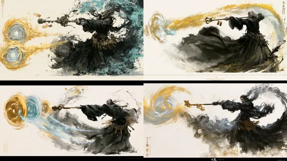 杰作，最高画质，国风二次元工笔画二维动态立绘，全身战斗攻击形态，人物居右朝向左侧我方阵位挥杖射钥（施展普攻「铜匙灵弹」，动画时长）。炼气中期精英-2-05百钥室掌钥老执事·严锁，枯瘦面庞露出狞笑，玄黑织金官袍随挥杖动作猎猎作响，腰间百枚铜钥齐鸣；他右手百钥镇狱铜杖猛指左侧，杖头两枚黄铜符钥瞬间脱钩而出，化作两道高速旋转的泥金与冰青阵法光轮直射左侧阵位。工笔画铁线描精细凌厉，泥金、松烟浓墨与冰青对比鲜明，宣纸肌理，无文字。【炼气中敌05·百��室掌钥老执事·严锁·普攻形态】 画面比例固定16:9横版