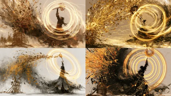 杰作，最高画质，国风二次元工笔画二维动态立绘，全身技能爆发形态，人物居右朝向左侧我方阵位施展技能一「画地为牢阵」与技能二「万钥穿心引」（单技能动画）。炼气中期精英-2-05百钥室掌钥老执事·严锁，周身亮起免控稳相的同心圆铜锁金环，双手高举百钥镇狱铜杖仰天吟唱；左侧地面轰然升起青铜锁链囚笼，同时他身上悬挂的上百枚黄铜鱼符钥全部腾空飞起，化作遮天蔽日的泥金与朱砂符文飞剑洪流，朝左侧敌阵万钥穿心攒射而下。十八描沥粉贴金重彩极致渲染，宣纸底纹，无文字。【炼气中敌05·百钥室掌钥老执事·严锁·技能形态】 画面比例固定16:9横版