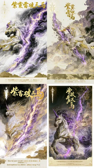 国风二次元工笔画卡牌设计，竖版9:16，画面全图无边框，画面绝对不要出现人物、无人类、无手部、无面孔、无人形剪影。【画面主体：紫电穿云·太白破空兽】一匹披挂着白金流线型轻甲、额生紫金雷角的神骏战驹（无骑乘人物）化作一道刺目的紫金闪电，直接洞穿了层层叠叠的云海空间壁垒。碎裂的空间如玻璃般在它身侧飞溅，极致的金属雷霆速度将漫长距离瞬间化为零度咫尺。 【色彩与技法】传统工笔重彩铁线描与游丝描勾勒，矿物颜料层层晕染，主色调为太白铂金、冷冽银霜、古铜鎏金与月白寒芒，融合现代二次元高光粒子与通透流光特效，细节穷尽华丽。【卡牌文字排版】画面上方居中书写苍劲华丽的鎏金书法大字卡牌名：“紫霆破空驹”，左上角镌刻白金剑纹篆书「金」字印章，寒芒四射如星辰碎影；画面下方衬以半透明暗金云纹古绢底栏，其上以清晰工整的古风小楷小字排版卡牌描述：“装备者计算到敌人的攻击距离时−2（最低1）｜【金增幅】同金花色附伤×1.2”。极致画质，8k分辨率，大师级构图， 9:16 【卡牌62·紫霆破空驹·金·紫电穿云·太白破空兽】