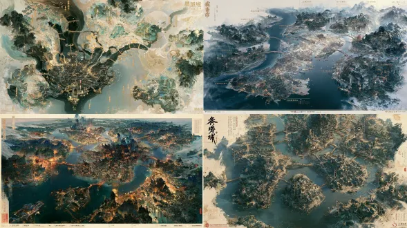 《众生食我》山河御行图原生游戏底图；16:9横版母版，国风二次元宋院工笔山水界画，十八描铁线银钩、矿物石青石绿与泥金三矾九染，熟宣纸纹与精细古建筑比例，沉郁黑暗修仙，高位斜俯鸟瞰，完整连续的可游历地理而非卡片拼贴。第1境界“栖川城”全域30景鸟瞰舆图。地貌核心：九河交汇水陆三层城、鲸油千灯与三十六桥。河港扇面；水渠为引导线。俯视扇形河港九河交汇，三十六桥跨曲折水渠；西门税关在前景，市集酒楼在核心，下方局部半剖沉灯黑市，东门船坞作为远端出口。六个相异微缩景观簇依游览逻辑展开：「西门税关」、「三十六桥」、「南民水巷」、「百工炼坊」、「沉灯黑市」、「城主河港」。地形连通依靠连续运河、虹桥和街巷水闸，整体色调石绿、月白、靛青、鲸油暖金，巨景与屋宇层级清晰。六簇各预留五景落点，共30景：四处连贯探索位与一处可回访支路；沿真实道路隐含8处界碑前庭留位但不画可点击标记。禁止任何角色或活体怪物、人物剪影、可读文字、中文英文、阿拉伯数字、符号标号、图钉、圆形关卡按钮、光点连线、界面元素框、界面、地图图例、边框、水印；保留四周约10%低细节云雾安全边。 画面比例固定16:9横版