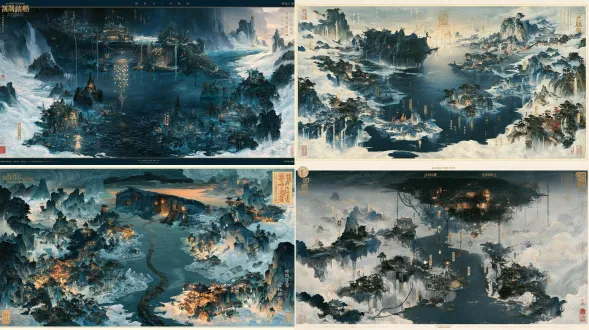 《众生食我》山河御行图原生游戏底图；16:9横版母版，国风二次元宋院工笔山水界画，十八描铁线银钩、矿物石青石绿与泥金三矾九染，熟宣纸纹与精细古建筑比例，沉郁黑暗修仙，高位斜俯鸟瞰，完整连续的可游历地理而非卡片拼贴。第2境界“沉舟灯宫”全域30景鸟瞰舆图。地貌核心：倾覆楼船如水下宫殿、寒灯化魂。剖透沉船轮廓，水上水下同屏。巨型倒扣楼船贯穿江面，船舱用戏剧性剖透显露三层空间，锚链贯入下方水牢；灯胎祭井为中央竖向亮点。六个相异微缩景观簇依游览逻辑展开：「倒扣母舟」、「古锚水牢」、「失声船舱」、「沉纱照骨」、「灯胎祭井」、「断潮出口」。地形连通依靠船舱通道、锚索和通水舱门，整体色调寒玉白、花青、暗铜、星灯黄，巨景与屋宇层级清晰。六簇各预留五景落点，共30景：四处连贯探索位与一处可回访支路；沿真实道路隐含8处界碑前庭留位但不画可点击标记。禁止任何角色或活体怪物、人物剪影、可读文字、中文英文、阿拉伯数字、符号标号、图钉、圆形关卡按钮、光点连线、界面元素框、界面、地图图例、边框、水印；保留四周约10%低细节云雾安全边。 画面比例固定16:9横版