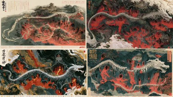 《众生食我》山河御行图原生游戏底图；16:9横版母版，国风二次元宋院工笔山水界画，十八描铁线银钩、矿物石青石绿与泥金三矾九染，熟宣纸纹与精细古建筑比例，沉郁黑暗修仙，高位斜俯鸟瞰，完整连续的可游历地理而非卡片拼贴。第4境界“太古龙骨矿海”全域30景鸟瞰舆图。地貌核心：蜿蜒荒龙白骨与红盐矿井。龙骨充当地图骨架贯通沙漠。荒龙骸骨呈左尾右首横贯地图，背脊用作可通行高桥，两边盐矿井像虫穴向下开凿；龙首祭坛高于矿坑。六个相异微缩景观簇依游览逻辑展开：「龙脊骨桥」、「白骨盐窟」、「吊笼矿井」、「赤晶主矿」、「掘骨营寨」、「龙首祭坛」。地形连通依靠龙肋骨桥、矿井吊笼与运盐铁轨，整体色调白骨牙色、盐赤、玄铁、暗金，巨景与屋宇层级清晰。六簇各预留五景落点，共30景：四处连贯探索位与一处可回访支路；沿真实道路隐含8处界碑前庭留位但不画可点击标记。禁止任何角色或活体怪物、人物剪影、可读文字、中文英文、阿拉伯数字、符号标号、图钉、圆形关卡按钮、光点连线、界面元素框、界面、地图图例、边框、水印；保留四周约10%低细节云雾安全边。 【界碑舆图21·太古龙骨矿海】 画面比例固定16:9横版