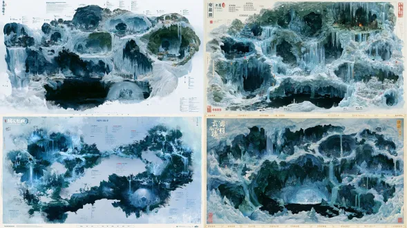 《众生食我》山河御行图原生游戏底图；16:9横版母版，国风二次元宋院工笔山水界画，十八描铁线银钩、矿物石青石绿与泥金三矾九染，熟宣纸纹与精细古建筑比例，沉郁黑暗修仙，高位斜俯鸟瞰，完整连续的可游历地理而非卡片拼贴。第8境界“玄冰寒髓窟”全域30景鸟瞰舆图。地貌核心：光蓝冰晶腔体、阴寒黑河。半透明冰洞剖面发冷光。玄冰晶穴在半透明断岩里分五重冷蓝洞室，地下黑水河贯过最下层，冻灵祭殿位于冰穹尽处。六个相异微缩景观簇依游览逻辑展开：「寒髓矿脉」、「玄冰药泉」、「冰镜雪渊」、「寒砧沉纱」、「黑水冰隙」、「冻灵祭殿」。地形连通依靠冰瀑侧道、透明矿脉坡和地下冰桥，整体色调幽蓝、晶白、深青、黑水，巨景与屋宇层级清晰。六簇各预留五景落点，共30景：四处连贯探索位与一处可回访支路；沿真实道路隐含8处界碑前庭留位但不画可点击标记。禁止任何角色或活体怪物、人物剪影、可读文字、中文英文、阿拉伯数字、符号标号、图钉、圆形关卡按钮、光点连线、界面元素框、界面、地图图例、边框、水印；保留四周约10%低细节云雾安全边。 【界碑舆图41·玄冰寒髓窟】 画面比例固定16:9横版