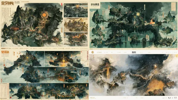 《众生食我》山河御行图原生游戏底图；16:9横版母版，国风二次元宋院工笔山水界画，十八描铁线银钩、矿物石青石绿与泥金三矾九染，熟宣纸纹与精细古建筑比例，沉郁黑暗修仙，高位斜俯鸟瞰，完整连续的可游历地理而非卡片拼贴。第6境界“天工机神殿”全域30景鸟瞰舆图。地貌核心：百丈机神胸腔、停摆日月轮。体量惊人的机神坐姿俯视废都。巨型机神盘坐废都，腿部如山门，胸廓肋片像城墙；道路沿脚坛、脊梁、锻房渐入心炉和主殿。六个相异微缩景观簇依游览逻辑展开：「机神足坛」、「青铜主脉」、「万杵锻房」、「机神胸廓」、「天工心炉」、「陨齿主殿」。地形连通依靠机神体内管道、铸锤通廊与胸腔吊桥，整体色调苍铜、墨铁、炉金、天青，巨景与屋宇层级清晰。六簇各预留五景落点，共30景：四处连贯探索位与一处可回访支路；沿真实道路隐含8处界碑前庭留位但不画可点击标记。禁止任何角色或活体怪物、人物剪影、可读文字、中文英文、阿拉伯数字、符号标号、图钉、圆形关卡按钮、光点连线、界面元素框、界面、地图图例、边框、水印；保留四周约10%低细节云雾安全边。 【界碑舆图32·天工机神殿】 画面比例固定16:9横版