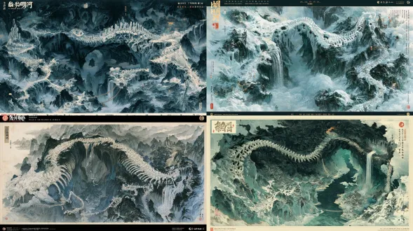 《众生食我》山河御行图原生游戏底图；16:9横版母版，国风二次元宋院工笔山水界画，十八描铁线银钩、矿物石青石绿与泥金三矾九染，熟宣纸纹与精细古建筑比例，沉郁黑暗修仙，高位斜俯鸟瞰，完整连续的可游历地理而非卡片拼贴。第9境界“百骨冥壑”全域30景鸟瞰舆图。地貌核心：巨兽骸骨幽谷、百骨迷宫。大骸骨架横跨幽深峡谷。一具远古巨兽骸骨横跨幽深裂谷充当拱桥，脊椎周围生出百骨迷窟，冥池骨瀑从肋骨间倾落。六个相异微缩景观簇依游览逻辑展开：「巨骸脊谷」、「剔骨悬桥」、「寒髓骸穴」、「冥池骨瀑」、「炼骸冥兵」、「残魂谷庭」。地形连通依靠骸骨脊桥、剔骨悬梯与幽谷索桥，整体色调骨白、渊黑、髓青、残铜，巨景与屋宇层级清晰。六簇各预留五景落点，共30景：四处连贯探索位与一处可回访支路；沿真实道路隐含8处界碑前庭留位但不画可点击标记。禁止任何角色或活体怪物、人物剪影、可读文字、中文英文、阿拉伯数字、符号标号、图钉、圆形关卡按钮、光点连线、界面元素框、界面、地图图例、边框、水印；保留四周约10%低细节云雾安全边。 【界碑舆图46·百骨冥壑】 画面比例固定16:9横版