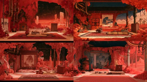 国风二次元工笔画二维分层战斗背景，编号：地图07-支线06「赤盐净火石室·断枷暖盐庐【第四座安全屋据点】」（第六分区支线、盐湖东岸暖泉窟）。水平无台阶五对五五阵位地面：铺设温润白盐暖玉砖与波斯绒毯的绝对平整安全屋室内地面；宋代界画与先秦赤铜奇观：无南墙剖视展开的『断枷暖盐石庐』：含生铁横插闩石门、子母归元山河界碑盘、红盐暖玉药浴池与十人围炉茶席（正南无遮挡）；独立三维交互件：带厚重生铁横插闩的赤铜石门、红泥煮茶火炉、蒲团静修榻与双门樟木储物柜；无恒星墨蓝天穹下八百里胭脂赤盐赤漠、青铜哭风矿管与风蚀石柱群；微窄赤盐晶簇与断链框景。传统十八描铁线描配朱砂、赭石、蛤粉、泥金三矾九染，洒金宣纸肌理，无人物无文字水印。 【赤盐关支06·断枷暖盐庐【第四座安全屋据点】】 画面比例固定16:9横版