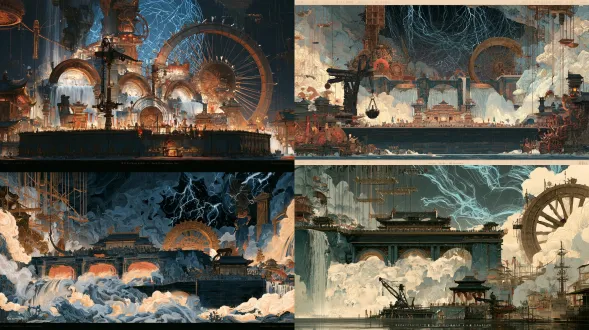 国风二次元工笔画二维分层战斗背景，编号：地图10-场景12「万钧分水闸·暗河铁锚湾【05断鸿宿命清算＆水轴统领·韩啸首领战、山河界碑⑥】」（第九垂大陆·筑基中期·第三分区、引雷机簧塔与鲁班自动铸造坊）。水平无台阶五对五左右对阵平整地面（）：暗河分水闸顶宽阔平整的青铜与玄石堤坝平台，五对五对阵区完全水平；宋代界画机巧与重彩奇观：奔涌咆哮的地下暗河三道分水铜闸、悬挂八百斤分水铁锚的龙门吊架与第六座山河界碑亭（正南无遮挡）；独立三维交互件：绷紧到极致的『锁江玄铁主锚链盘』与分水铜舵轮；第九垂大陆无恒星幽暗天穹下百米地下瀑布、五十米万钧青铜主水轮与蓝白引雷电弧光网；微窄青铜齿轮与悬索框景。传统十八描铁线界画配石青、古铜、朱砂、泥金三矾九染，宣纸肌理，无人物无文字水印。 【千机12·暗河铁锚湾】 画面比例固定16:9横版