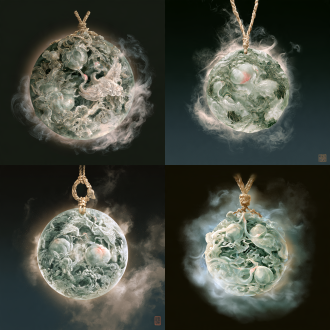 游戏装备图标，国风二次元工笔画风格，游丝描与铁线描勾勒的精细线稿，分染罩染的层层晕染，矿物颜料质感，绢本设色，纹样精致繁复，单件物品居中，正方形构图，物品占画面约四分之三，深色渐变背景，轻微外发光，高清细节，无文字，无水印，无人物。圆润青白玉佩，雕作蟠桃与仙鹤绕枝，桃尖一点粉红，淡金编绳，周身萦绕灵气薄雾。色板：青碧、玉白、淡金、云灰；母题：仙鹤、苍松、灵芝、云海、寿纹。 【装备04-5·长生蟠桃佩】 画面比例固定1:1方形