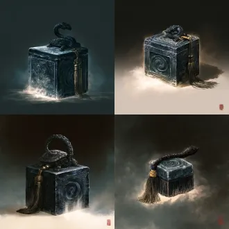 游戏装备图标，国风二次元工笔画风格，游丝描与铁线描勾勒的精细线稿，分染罩染的层层晕染，矿物颜料质感，绢本设色，纹样精致繁复，单件物品居中，正方形构图，物品占画面约四分之三，深色渐变背景，轻微外发光，高清细节，无文字，无水印，无人物。方形玄玉印，印钮为盘踞的玄龟，印面刻深渊漩涡，暗金流苏，微光从印底渗出。色板：玄黑、深青、暗金；母题：龟甲纹、龙鳞、镇渊锁链、深渊漩涡。 【装备05-5·渊眼镇魂印】 画面比例固定1:1方形