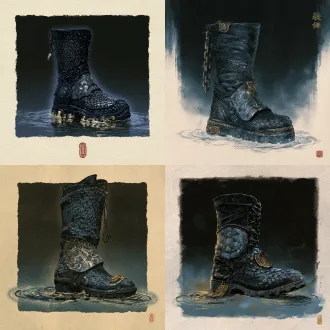 游戏装备图标，国风二次元工笔画风格，游丝描与铁线描勾勒的精细线稿，分染罩染的层层晕染，矿物颜料质感，绢本设色，纹样精致繁复，单件物品居中，正方形构图，物品占画面约四分之三，深色渐变背景，轻微外发光，高清细节，无文字，无水印，无人物。玄黑重战靴，靴面龙鳞覆盖，胫甲刻龟甲纹，靴底暗金镇符，隐约踏出波纹。色板：玄黑、深青、暗金；母题：龟甲纹、龙鳞、镇渊锁链、深渊漩涡。 【装备05-6·镇渊战靴】 画面比例固定1:1方形