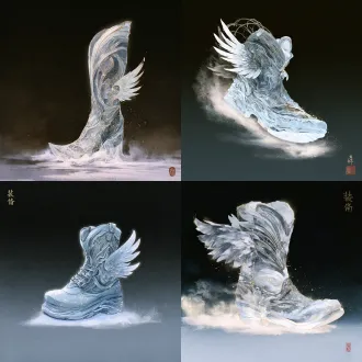 游戏装备图标，国风二次元工笔画风格，游丝描与铁线描勾勒的精细线稿，分染罩染的层层晕染，矿物颜料质感，绢本设色，纹样精致繁复，单件物品居中，正方形构图，物品占画面约四分之三，深色渐变背景，轻微外发光，高清细节，无文字，无水印，无人物。灰蓝轻靴，靴侧有小羽翼，靴底漾起淡雾，靴面点缀星金碎光。色板：灰蓝、银白、淡紫、星金；母题：薄雾、流星、星轨、羽翼。 【装备07-6·踏雾星履】 画面比例固定1:1方形