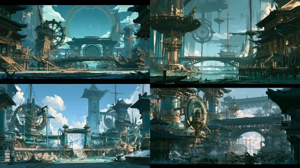 《众生食我》二维战斗背景，场景编号「星晷水运坊·潮标复杂青铜水运仪斜桅残埠」。16:9标准横版，纯国风二次元工笔界画，传统宋元建筑界画与矿物颜料三矾九染。绘制复杂青铜水运仪、星晷指针、闸门浮桥中的复杂青铜水运仪斜桅残埠，破船木片随回流旋转；潮标：复杂青铜水运仪与星晷指针在中远景相接，远景复杂青铜水运仪，中景刻漏回水阀、星时仪盘，独立可交互器物星时仪盘·封印暗格。色彩水青、铜金、夜墨，危险而精致的黑暗修仙氛围。前景水平开敞且无障碍，供左五人对右五人二维立绘站位；前中远景空间清晰。无人物、无怪物、无文字数字、无印章水印、无按钮、无节点、无拼图。 【星晷04·潮标复杂青铜水运仪斜桅残埠】 画面比例固定16:9横版