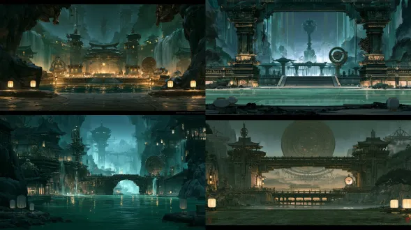 《众生食我》二维战斗背景，场景编号「星晷水运坊·潮标星晷指针深潭内湾」。16:9标准横版，纯国风二次元工笔界画，传统宋元建筑界画与矿物颜料三矾九染。绘制复杂青铜水运仪、星晷指针、闸门浮桥中的星晷指针深潭内湾，灰纸水灯贴着低岸停留；潮标：星晷指针与闸门浮桥在中远景相接，远景星晷指针，中景刻漏回水阀、星时仪盘，独立可交互器物刻漏回水阀·上古铜铆。色彩水青、铜金、夜墨，危险而精致的黑暗修仙氛围。前景水平开敞且无障碍，供左五人对右五人二维立绘站位；前中远景空间清晰。无人物、无怪物、无文字数字、无印章水印、无按钮、无节点、无拼图。 【星晷05·潮标星晷指针深潭内湾】 画面比例固定16:9横版