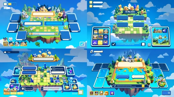 可爱风休闲飞行棋手游登录界面ui设计。背景：3d等距悬浮岛屿棋盘地图，明亮的蓝天白云。ui风格参考图1：高品质3d卡通渲染风格，带有厚重感的圆润面板，深蓝色切角ui框带有粗纯白边框，参考底部卡牌的木质纹理边框，多巴胺高饱和配色。色彩规范：主色调为明亮天蓝和深海蓝，辅色调亮黄和纯白。布局映射：正上方居中是巨大的空白游戏标题横幅（周围漂浮着3d骰子和可爱小飞机），正中间是两个并排的空白登录大按钮（胖乎乎且具有3d光泽感），正下方居中是一个带有方形勾选框的横向协议文字栏，右下角有一个小巧的版本号占位框。完全无文字的ui模板，空白按钮，边缘清晰，可爱活泼的氛围，8k分辨率。比例16:9。（负面词：文字，字母，数字，写实纹理，噪点，复杂细节，杂乱布局）