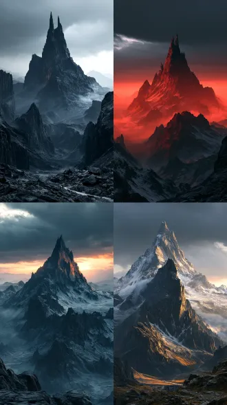 vast continuous black mountain range, steep jagged mountain terrain, the tallest main peak like a huge sharp fangs piercing straight into the sky, sharp jagged rock cliffs, dark obsidian‑like mountain rock texture, jagged ridges, deep valleys between mountains, wispy dark mist winding around mountain waist, heavy gloomy overcast sky, low dark clouds pressing down, desolate and sinister atmosphere, grand epic composition, low angle shot, vertical panoramic landscape, cinematic lighting, dramatic shadow, 3d cg, next-gen chinese anime, xianxia cultivation fantasy, ultra-detailed, 8k, hyperrealistic, sharp details